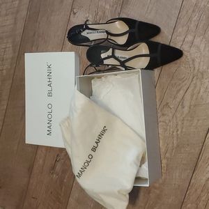 Manolo Blahnik Black Velvet and Grosgrain T-Strap Heals